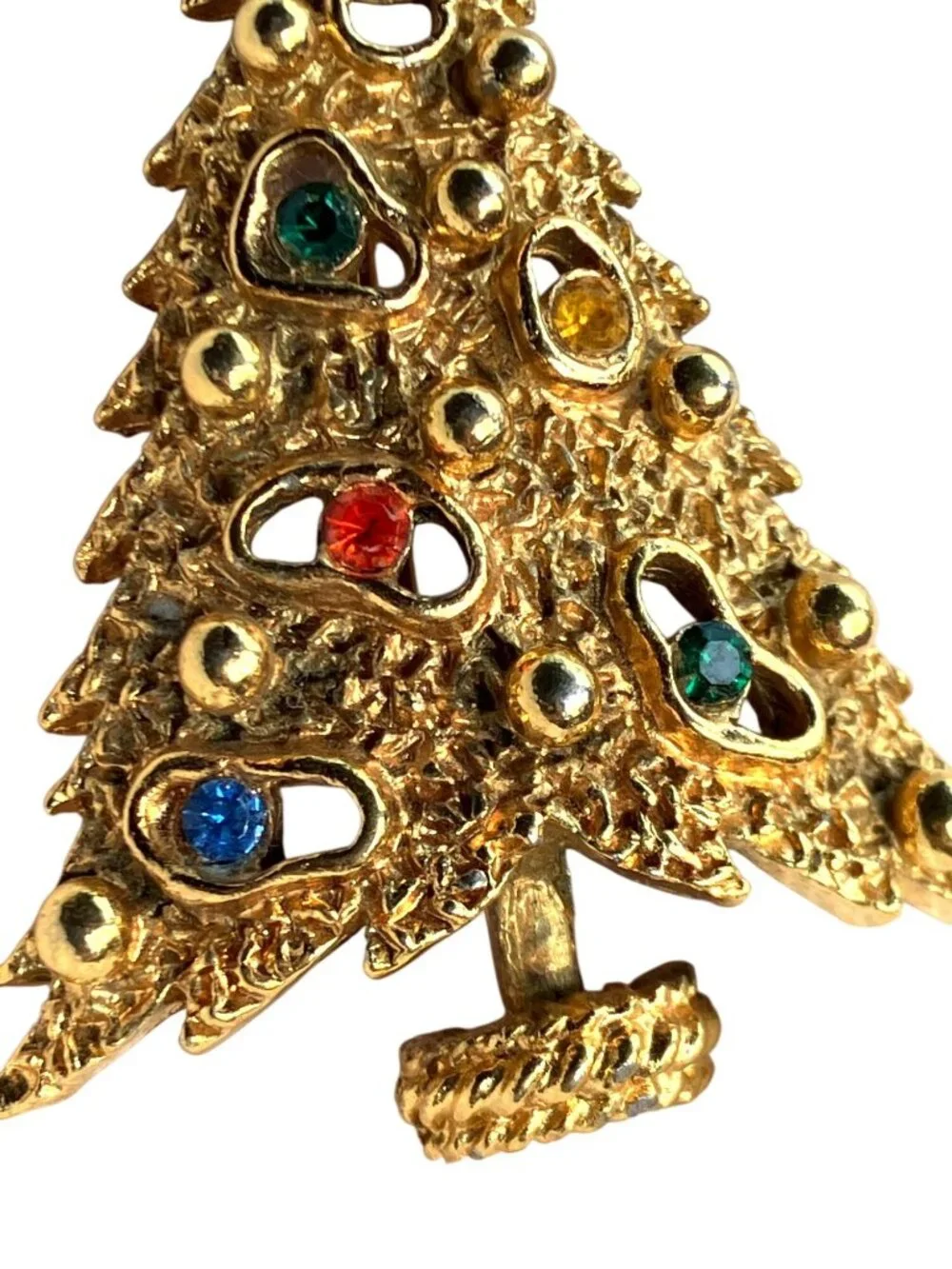 Gold Tone Christmas Tree Pin Brooch Multicolor Rhinestones Star Accent Signed